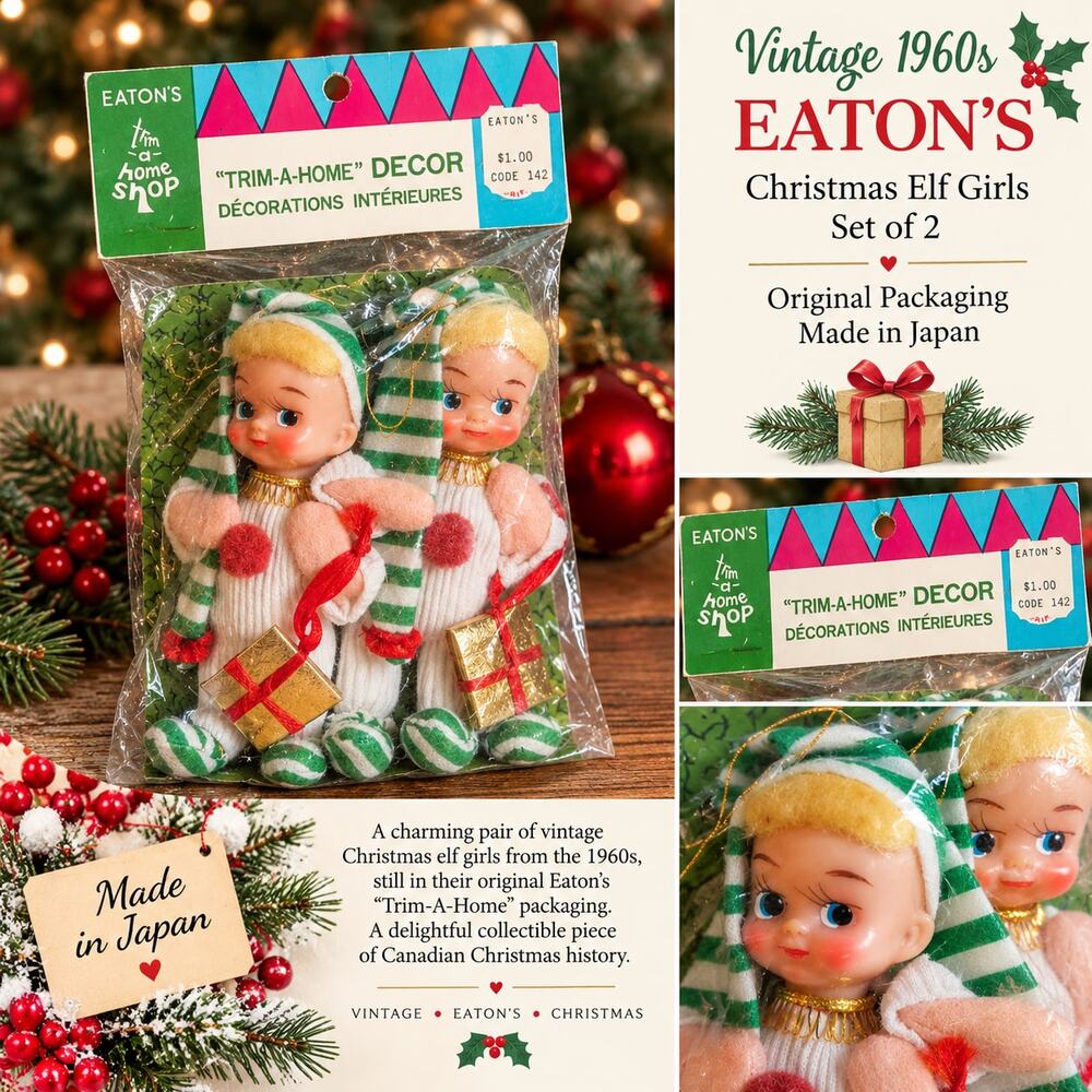 Vintage 1960s Eaton's Christmas Elf Girls, Set of 2, Made in Japan, Original Pac